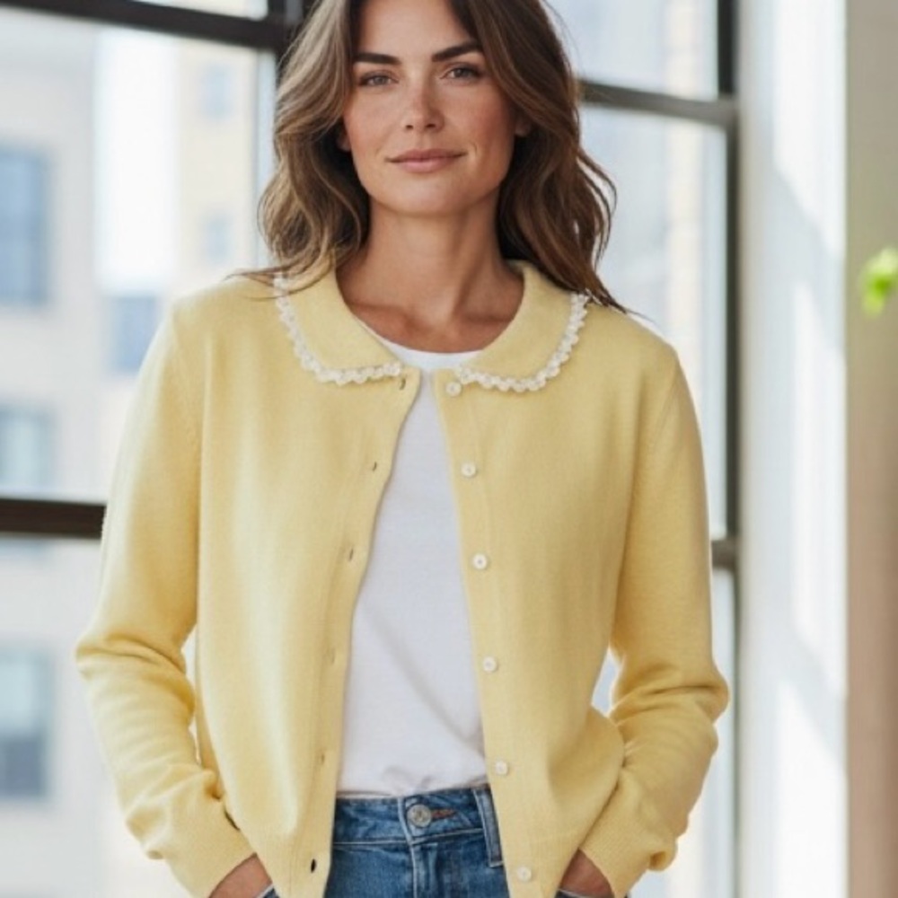 Women's Yellow Button-Front Cardigan with Scallop Collar